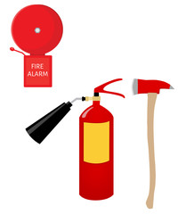 Fire extinguisher, alarm bell and axe