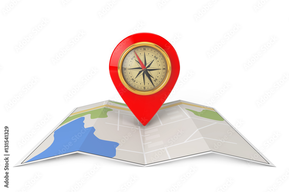 Poster folded abstract navigation map with target pin and compass. 3d r