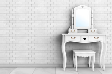 Antique Bedroom Vanity Table with Stool and Mirror. 3d Rendering