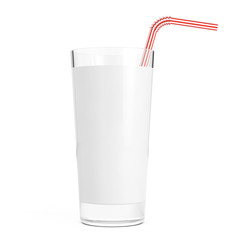 Glass of Milk with Red Straw Tube. 3d Rendering