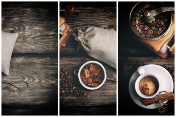 Cup of black coffee, the fried coffee grains, the manual coffee grinder and caramelized sugar