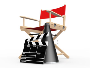 Obraz premium Cinema Industry Concept. Red Director Chair, Movie Clapper and M