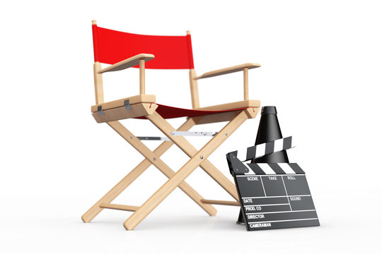 Cinema Industry Concept. Red Director Chair, Movie Clapper and M