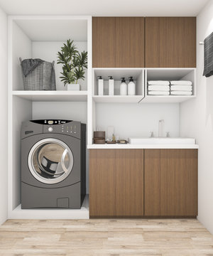 3d Rendering Wood Laundry Room With Washing Machine