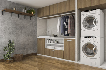 3d rendering wood laundry room with concrete wall - obrazy, fototapety, plakaty