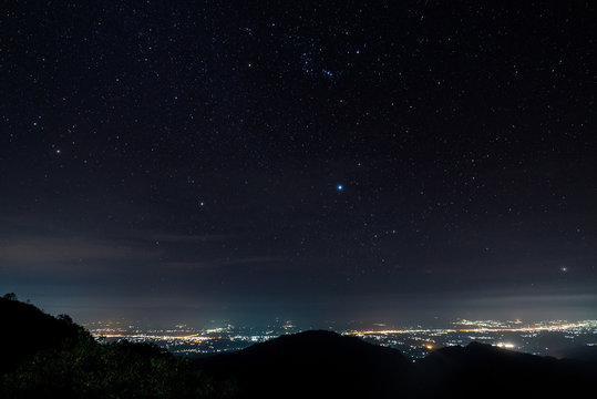 Star on monson viewpoint at doi angkhang, chiangmai, Thailand. star in night city.