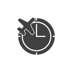 Clock and plane icon vector, filled flat sign, solid pictogram isolated on white. Flight status symbol, logo illustration