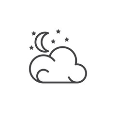 Moon, stars, cloud line icon, outline vector sign, linear pictogram isolated on white. Partly cloudy night weather forecast symbol, logo illustration
