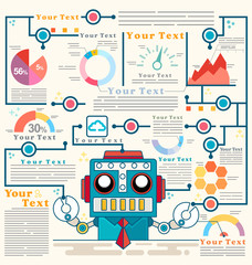 Info graphic Template with robot standing confidently in front of rising stock, illustrator vector
