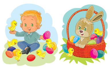 Obraz na płótnie Canvas Set clip art illustrations with young children on Easter theme