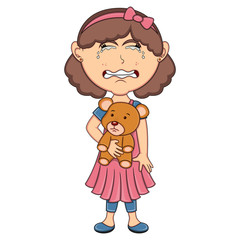 Little girl hold a bear and cry cartoon