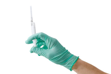 Medical syringe in a male hand wearing a medical glove