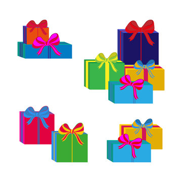 Set of different colorful wrapped gift boxes. Flat design. Beautiful present with bow. Symbol and icon for Christmas gift box. Isolated vector illustration.