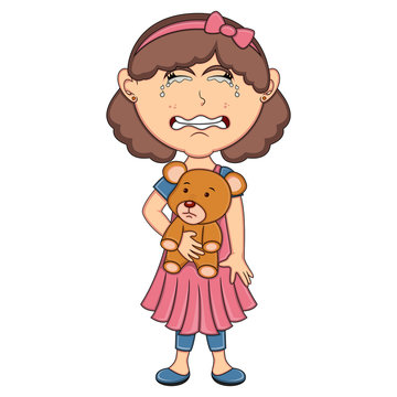 Little girl hold a bear and cry cartoon