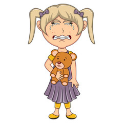 Little girl hold a bear and cry cartoon