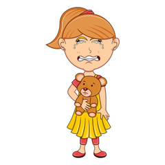 Little girl hold a bear and cry cartoon