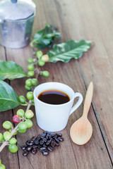 Fototapeta na wymiar Fresh coffee beans on wood and coffee cup