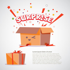 cardboard box with surprise text design. character design - vect