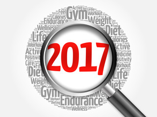 2017 word cloud collage, health concept background with magnifying glass 3D illustration