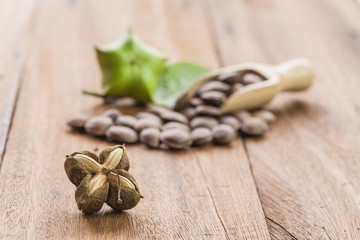 dried capsule seeds fruit of Sacha Inchi peanut on wooden