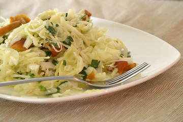 Salad with cabbage and mushrooms on a white plate