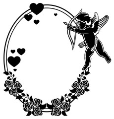 Cupid with bow hunting for hearts. Black and white frame.