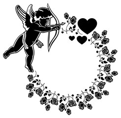 Fototapeta premium Cupid with bow hunting for hearts. Black and white round frame