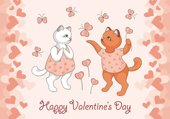 Greeting card happy Valentine's day. Cartoon image of cute funny kittens, butterflies and flowers in form of hearts.