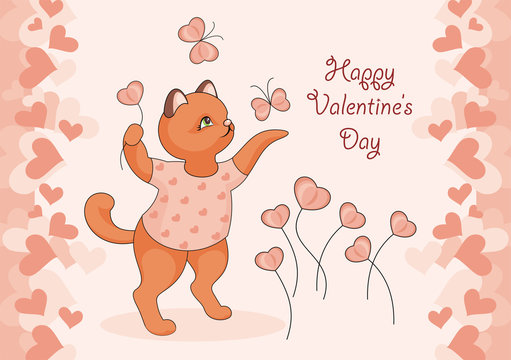 Greeting card happy Valentine's day. Cartoon image of cute funny kittens, butterflies and flowers in form of hearts.