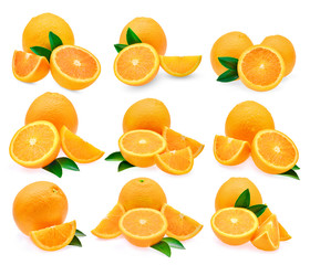 set of fresh orange fruit with leaf isolated on white background
