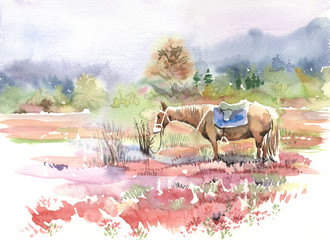 mountain landscape, horse, watercolor