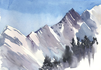 Mountain landscape, Himalayas,, watercolor
