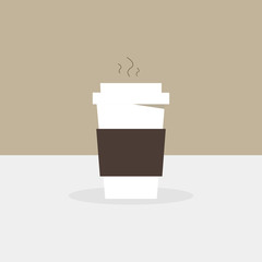 Blank white coffee cup flat icon on a brown background. Takeaway coffee package. Vector illustration