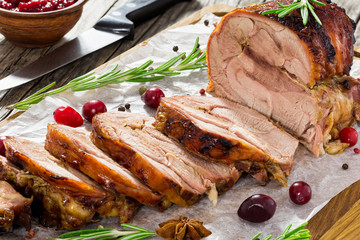 delicious roast  in oven turkey roulade cut in slices