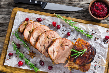 delicious roast  in oven turkey roulade cut in slices