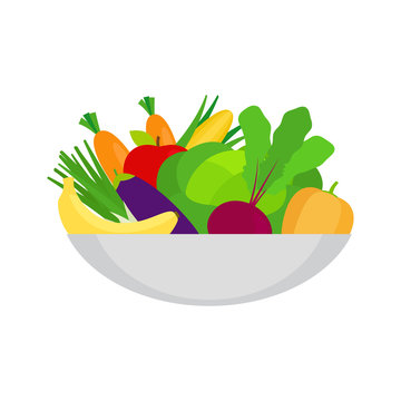 Healthy food illlustration with vegetables on the plate vector isolated object