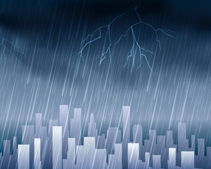 Rainy weather in town blue background. Skyline city or urban cityscape with rain and clouds vector illustration