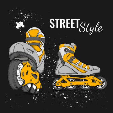 Roller Skate And Grunge Texture Background. Vector Illustration.
