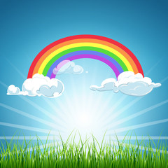 Vector rainbow clouds blue sky and grass