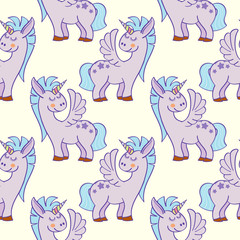 Pastel colored hand drawn unicorns seamless pattern
