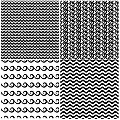 Set of swils and waves seamless patterns in black  white
