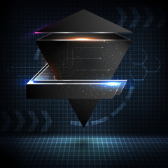 3D pyramid wireframe element with glowing neon lights. HUD element. Technology digital background. Vector illustration