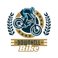 Logo mountain bike. A cyclist coming down the mountain. Extreme sport. Danger, downhill. Vector illustration. Flat style