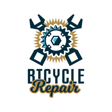 Logo repair bicycles. A bicycle sprocket and wrench crosswise. Vector illustration. Flat style