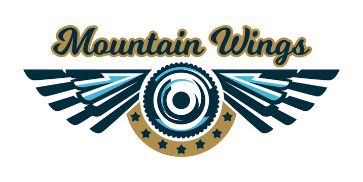 The logo of a bicycle wheel and wings. Mount, eagle, feathers, angel. Vector illustration. Flat style