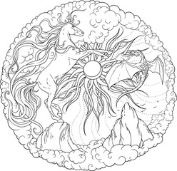 Magic horse, dragon and sun encircled by clouds