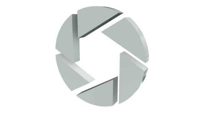 Aperture iris diaphragm logo rotate on white. Diaphragm like circular symbol for photography, technology logotype. Available in HD video 3d render footage. Alpha matte channel included.