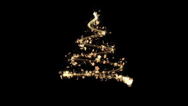 Elegant Christmas Tree made by Golden Sparkling Glitters, Snowflakes and Stars. Xmas motion background. 3d render Full HD video footage