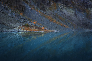 Slope Reflecting In Mirror Like Surface Of Mountain Lake Symmetrically, Altai Mountains Highland Nature Autumn Landscape Photo