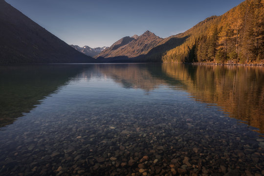 Shallow Mountain Lake With Mirror Like Surface , Altai Mountains Highland Nature Autumn Landscape Photo